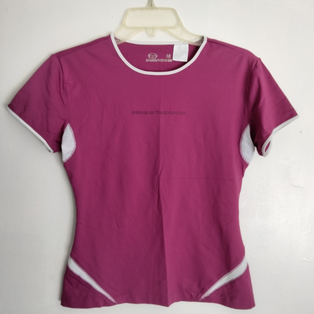 Sergio Tacchini Sport T Shirt Pink Fuchsia White Women's Size Medium Crew Neck